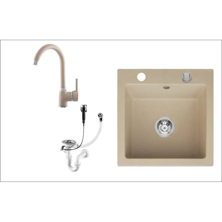 Faizee Möbel Granitspüle Küchenspüle Beige 48x50cm inkl. Siphon & Armatur, Reversibel, Hitzebeständig bis 280°C