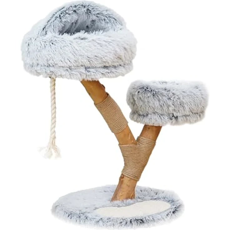 Fudajo Kratzbaum Zweigdesign mit Katzenhöhle 80 cm, Designer Katzenkratzbaum mit Plüsch und Birnbaumholz, Katzenbaum aus Holz mit Kratzmatte, Naturfarben – Bild 1