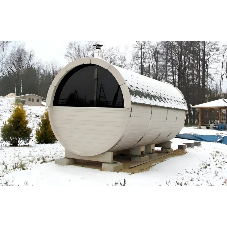 JVmoebel Fasssauna Gartensauna, Massivholz mit Edelstahl-Elementen in Weiß, 8 Liegeplätze, teilmontiert, Made in Europa
