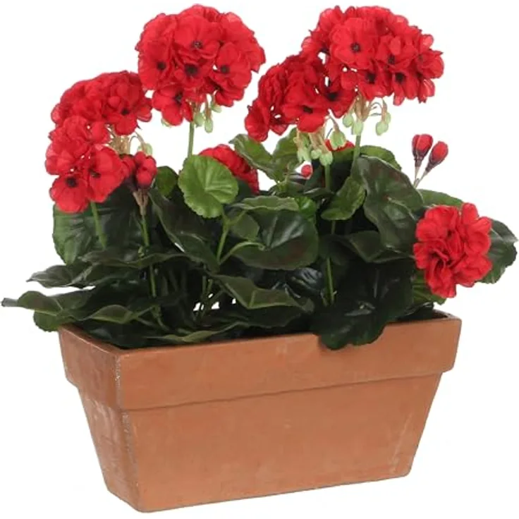 Mica decorations Geranien künstlich rot in Balkonkaste Terra, Pflegeleichte Kunstpflanze, L29 x B13 x H40 cm