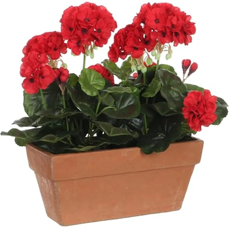 Mica decorations Geranien künstlich rot in Balkonkaste Terra, Pflegeleichte Kunstpflanze, L29 x B13 x H40 cm – Bild 1