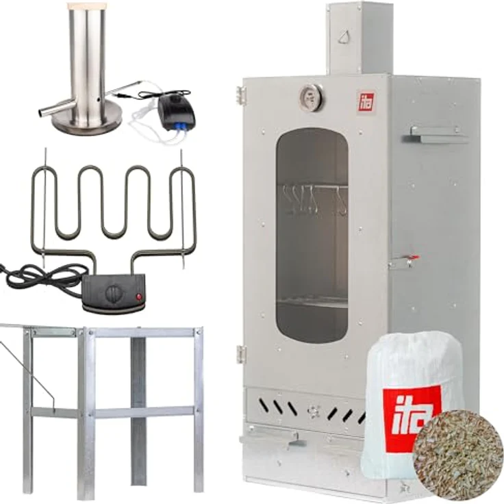 ITA Räucherofen 7012, Smoker Set mit Rauchgenerator, Heizelement, Tisch, 3 Etagen, legiertem Stahl, Sichtfenster & Kaminabzug – Bild 1