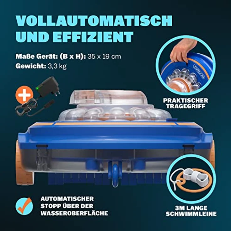 monzana® Poolroboter Poolboy600 Kabellos Vollautomatisch 80 Min Akku 5200mAh Li-Ion 80m² Pool Bodensauger Poolreiniger Poolsauger Royalblau – Bild 4