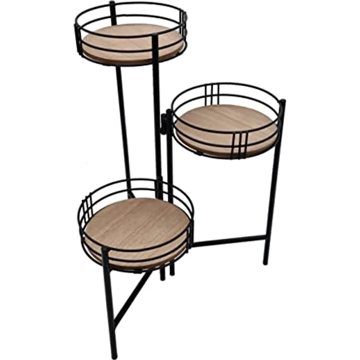 Spetebo Metall Blumentopfständer klappbar schwarz - mit 3 Holz Ablagen - klappbare Blumentreppe - Blumentopf Planzen Deko Gewürz Ständer