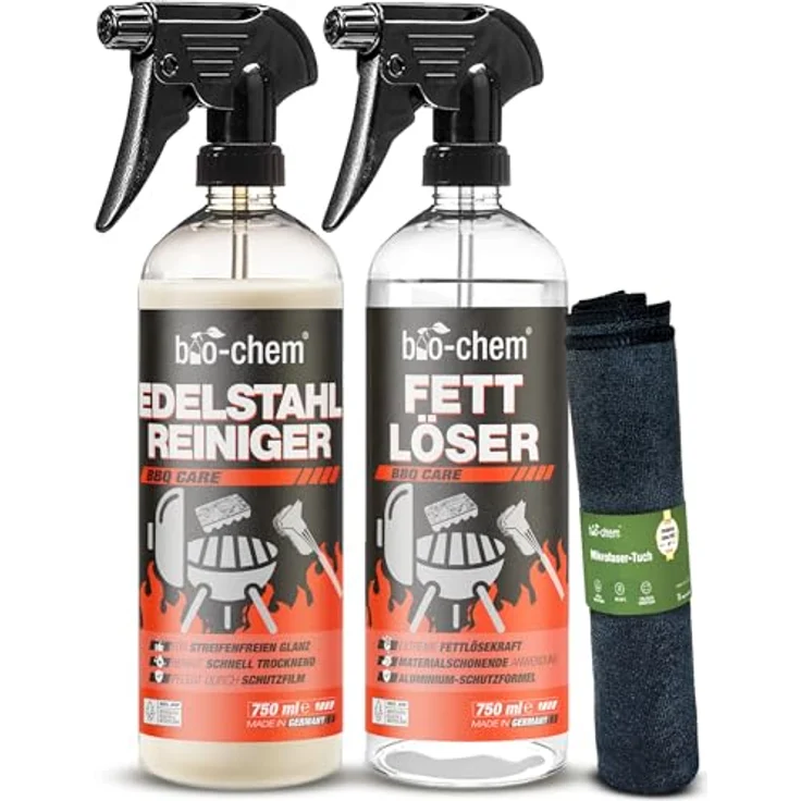 bio-chem Fettlöser Set 3-teilig, 750 ml Fettlöser + 750 ml Edelstahlreiniger + Mikrofasertuch, schonende Reinigung für Edelstahl & Aluminium, Made in Germany – Bild 1