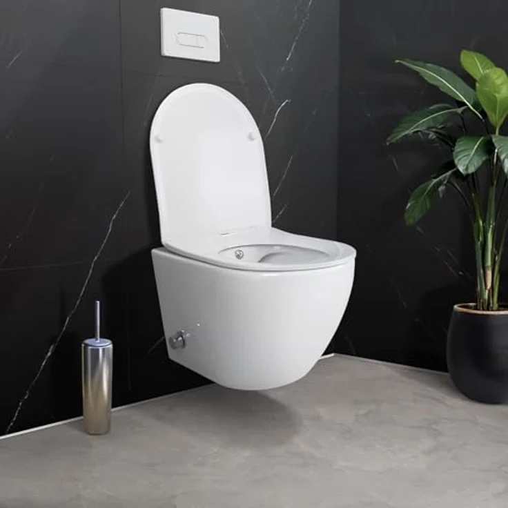 Aloni Tiefspül-WC AL55800Komplett, Hänge WC Spülrandlos Integrierte Kalt/-Warmwasserarmatur Deckel, weiß – Bild 3