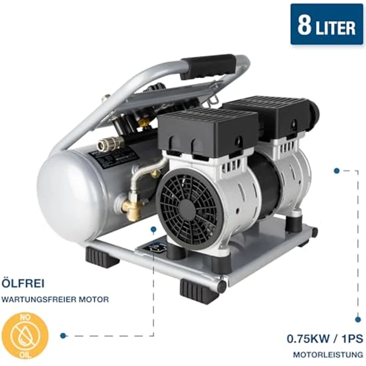 HYUNDAI Silent Kompressor SAC75008, tragbar, ölfrei, 9 bar, 8L, 49 dB, 750 W / 1 PS – Bild 4