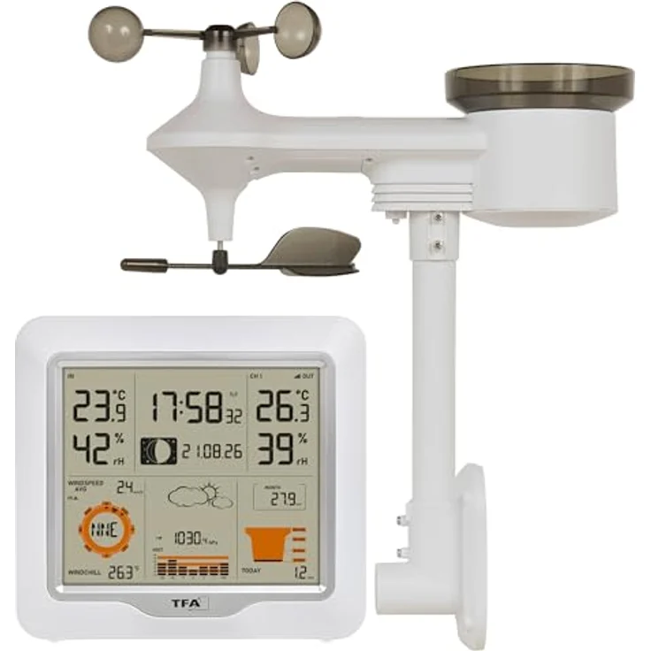 TFA Dostmann Digitale Funk-Wetterstation 5-in-1, Kombisender Weather One, präzise Messung von Temperatur, Luftfeuchtigkeit, Regen- und Winddaten, Wettervorhersage, Alarme, weiß – Bild 1