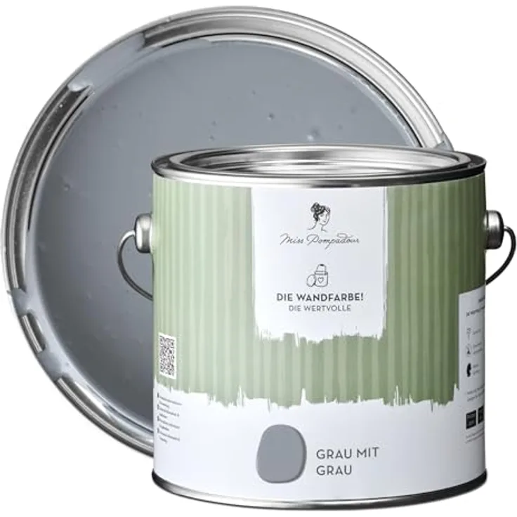 MissPompadour Wandfarbe Grau mit Grau, extramatte Innenfarbe mit sehr hoher Deckkraft, 2,5 L, geruchsneutral und spritzfrei, wasserbasiert