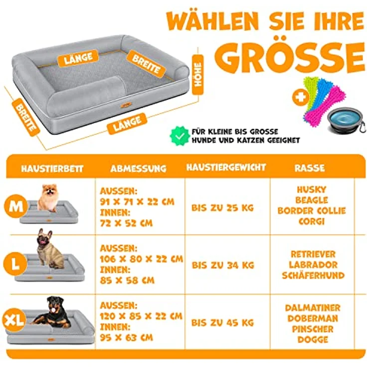 Lovpet® Orthopädisches Hundebett Hundekissen Hundekorb Relax, inkl. Napf + 3X Kauknochen, 91x71x22cm Grau – Bild 2