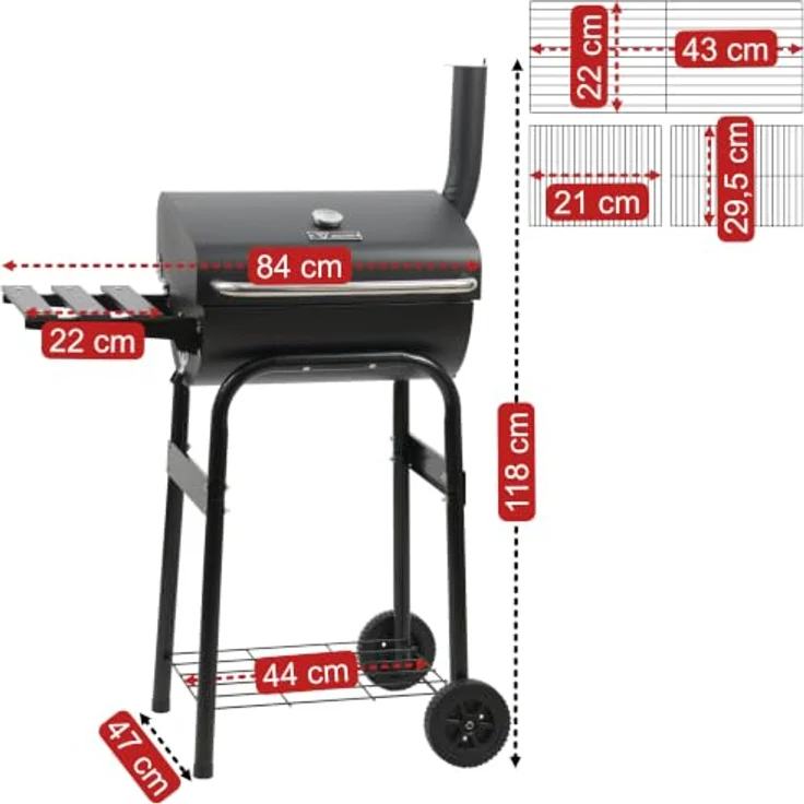 BBQ-Toro Holzkohlegrill mit Thermometer und Schornstein, 84 x 47 x 118 cm, BBQ Grillwagen mit Rädern und klappbarer Ablagefläche – Bild 3