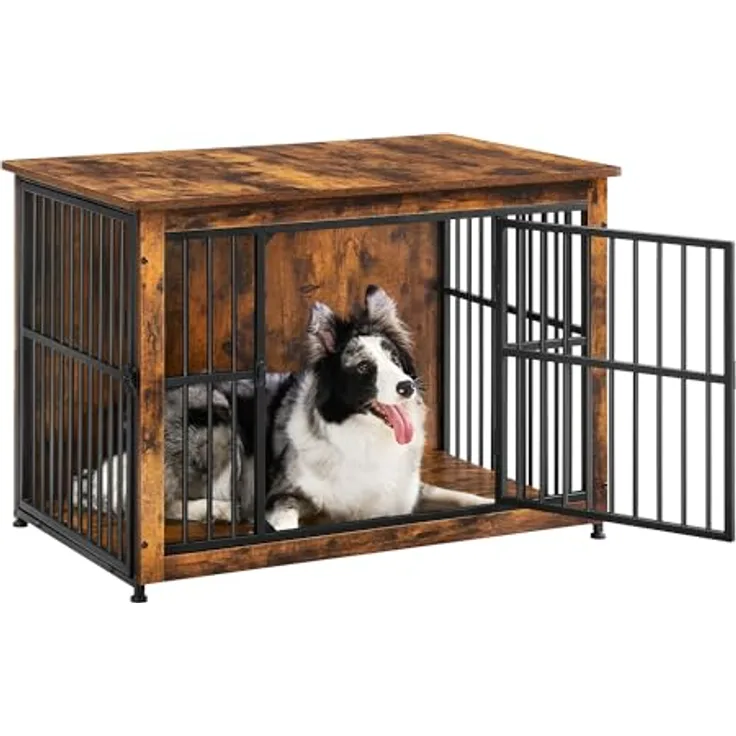 Feandrea Hundekäfig Möbel, Beistelltisch, Hundebox für 32 kg Hunde, vintagebraun, 2 Türen, geschlossener Boden