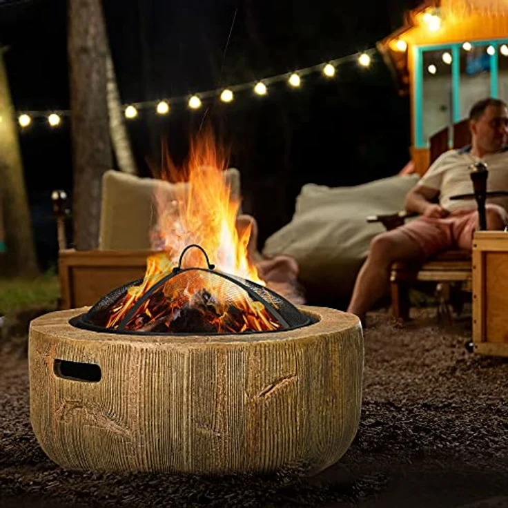 Outsunny Feuerschale, Feuerstelle mit Deckel, Feuerkorb mit Schürhaken, im Baumstumpf-Design, für Garten, Camping, Terrasse, Stahl, MgO, Braun – Bild 2