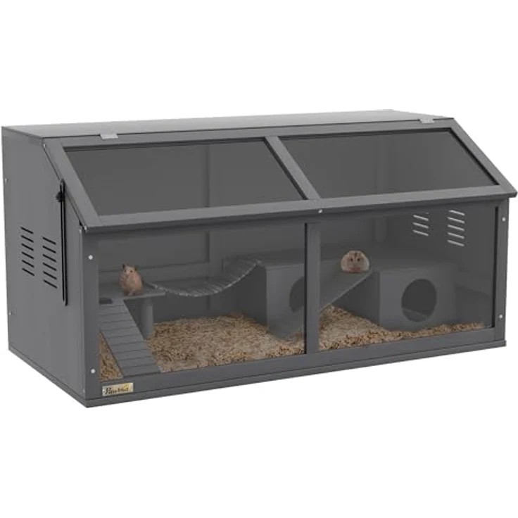PawHut Hamsterkäfig aus Holz, 100cm Nagerhaus, Kleintierstall, Spielhaus mit Hängebrücke, Leitern, zu öffnendes Dach, Hütte, Dunkelgrau – Bild 1