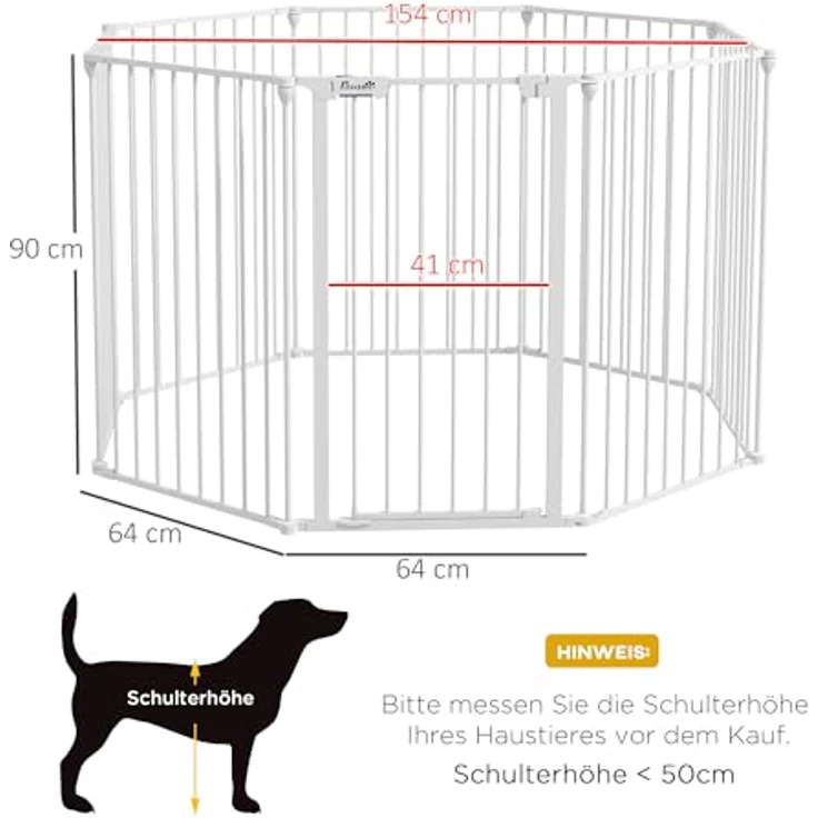PawHut Welpenauslauf klappbar Absperrgitter Hunde, 90 cm Hoch, Freilaufgehege mit 8 Platten, Freistehendes Hundegitter mit Tür, Flexible Kaminschutzgitter für Hunde, Stahl, Weiß – Bild 5