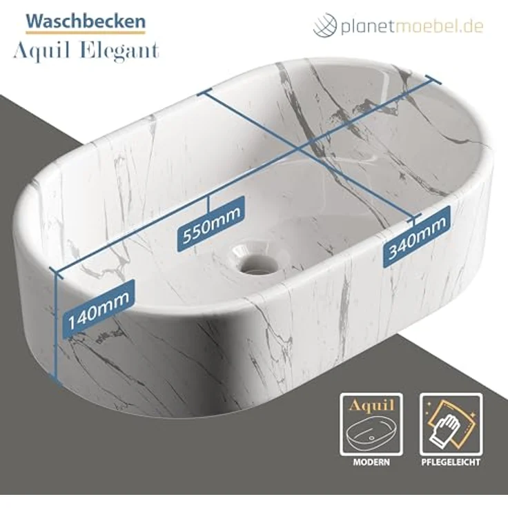 Planetmöbel Aufsatzwaschbecken Aquil Elegant, ovales Badezimmer Waschbecken 55 cm, marmor weiß, hochglänzend für Waschtisch – Bild 5