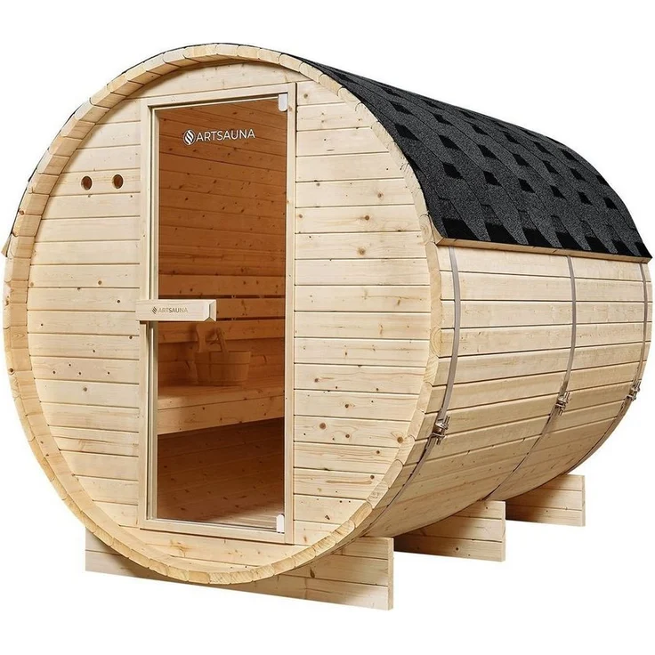 Artsauna Fasssauna Spitzbergen 220, 6 Personen, Fichtenholz, 8 kW Elektro-Ofen, Komplett-Set, Naturfarben – Bild 1