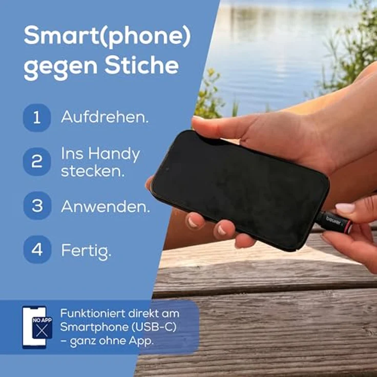 Beurer BiteX Go Deep Black, Insektenstichheiler für Smartphone mit USB-C, Hitzestift gegen Juckreiz & Schwellungen, mit Licht und 2 Programmen – Bild 3