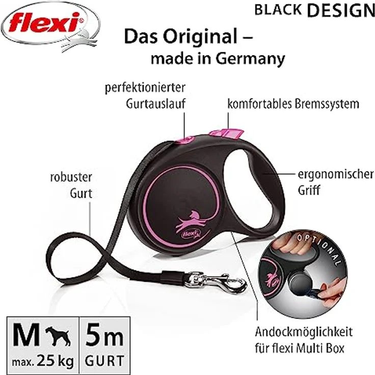 flexi Flexileine BLACK DESIGN Gurt pink, Hundeleine mit perfektioniertem Gurtauslauf und verchromtem Haken – Bild 2