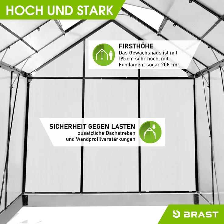 BRAST Gewächshaus Aluminium 310x190x195cm Grau mit Fundament rostfrei TÜV geprüft Alu Treibhaus Glashaus Tomatenhaus – Bild 6