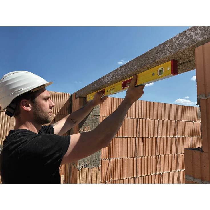 STABILA Wasserwaage Type 196-2, 122 cm, extrasteifes Alu-Profil, 1 Horizontal-Libelle, 2 Vertikal-Libellen, 2 Handgriffe, stoßdämpfende Endkappen, integrierte Rutsch-Stopper, Made in Germany – Bild 12