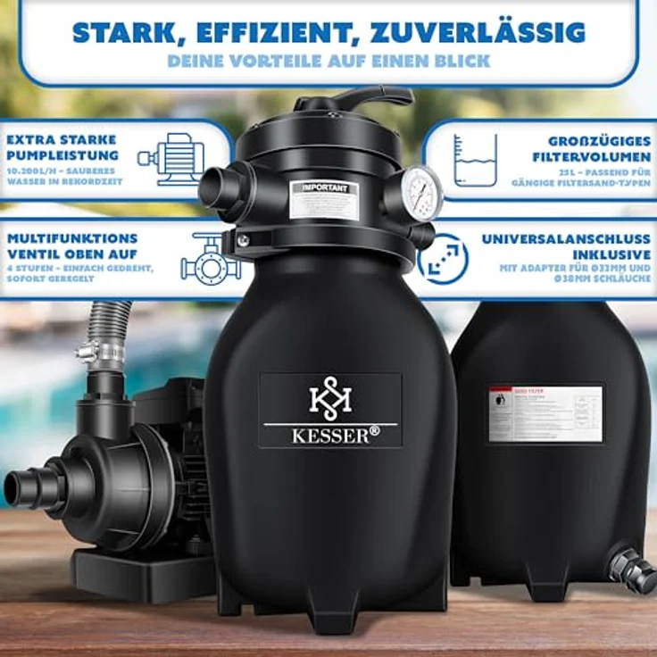 KESSER Sandfilter Sandfilteranlage + 700g Filterbälle ersetzen 25kg Filtersand- Poolfilter 10 m³-h Filteranlage Filterkessel für Pool Schwimmbecken 4-Wege Ventil , einfache Steuerung Schwarz – Bild 8
