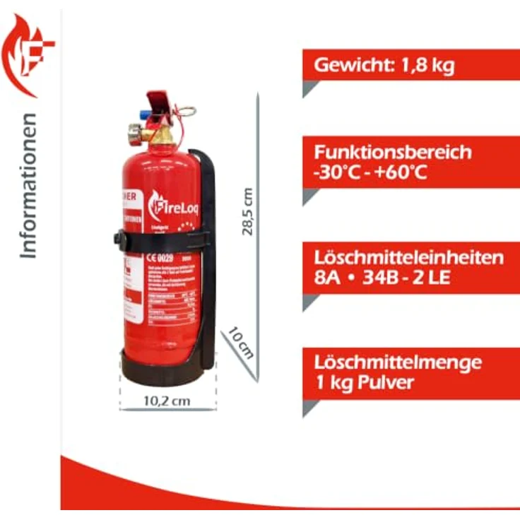 FireLoq 1kg Pulver Feuerlöscher für Brandklasse ABC, 8A | 34B | C, inkl. Prüfnachweis, Kfz-Halter und Manometer – Bild 2