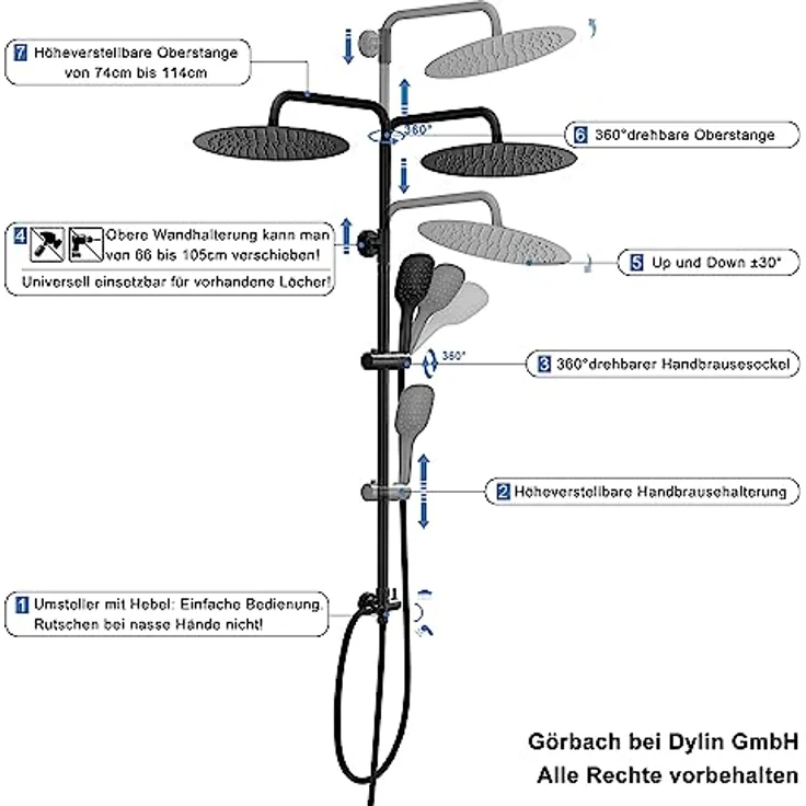 Görbach Regendusche Duschsystem, XL Rund 25 cm, Schwarz, Edelstahl mit 3 Strahlarten und höhenverstellbarer Duschstange – Bild 5
