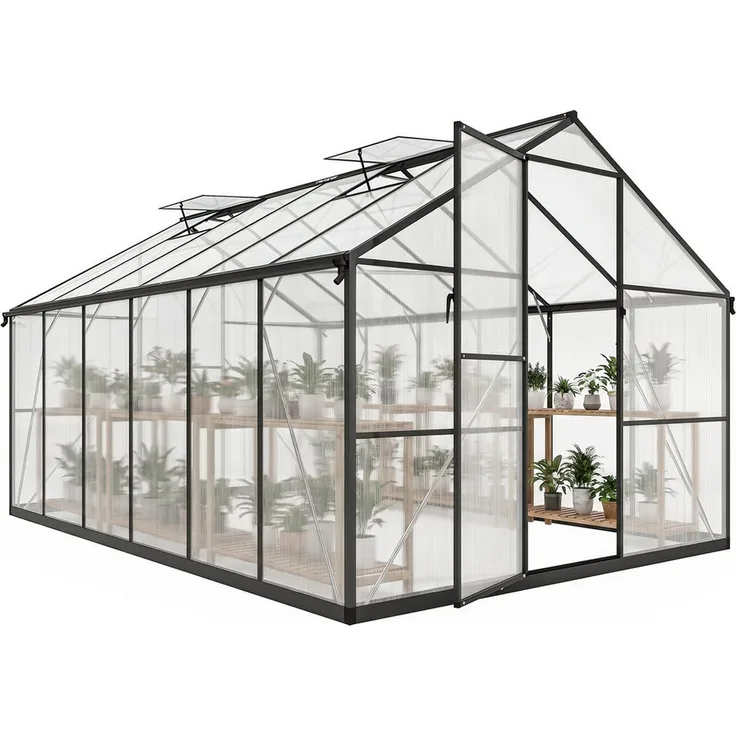 MC Star Foliengewächshaus Aluminium Polycarbonat 363x247x205cm Schwarz, mit verstärkter Konstruktion und zwei einstellbaren Dachfenstern