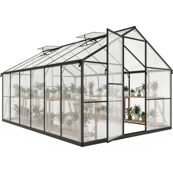MC Star Foliengewächshaus Aluminium Polycarbonat 363x247x205cm Schwarz, mit verstärkter Konstruktion und zwei einstellbaren Dachfenstern