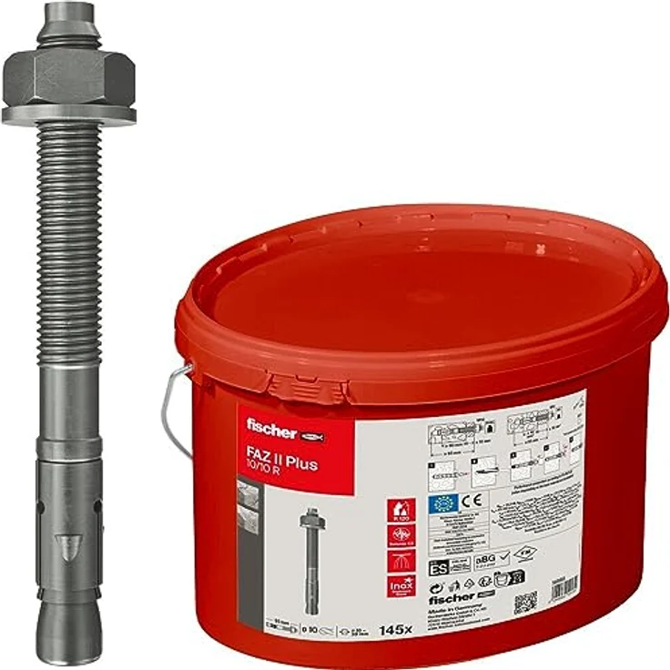 fischer Bolzenanker FAZ II Plus 10/10 R im Eimer, Schwerlastanker mit hoher Tragfähigkeit, Ankerbolzen für Befestigungen schwerer Lasten und Stahlkonstruktionen, Edelstahl, Seismik- & ETA-Zulassung – Bild 1