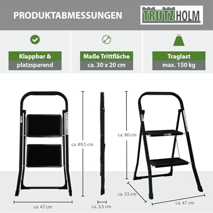 TRUTZHOLM Trittleiter klappbar, 2 Stufen, TÜV/GS zertifiziert, bis 150 kg belastbar, Anti-Rutsch Trittflächen, Sicherheitsverriegelung, Stahl Leiter (Schwarz) – Bild 3