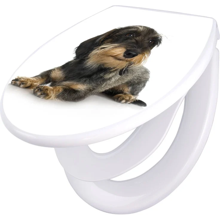 Banjado Familien WC Sitz, Klodeckel mit Absenkautomatik und Kindersitz, hochwertiges Polypropylen mit Dackel-Motiv, 44,5x37x5 cm