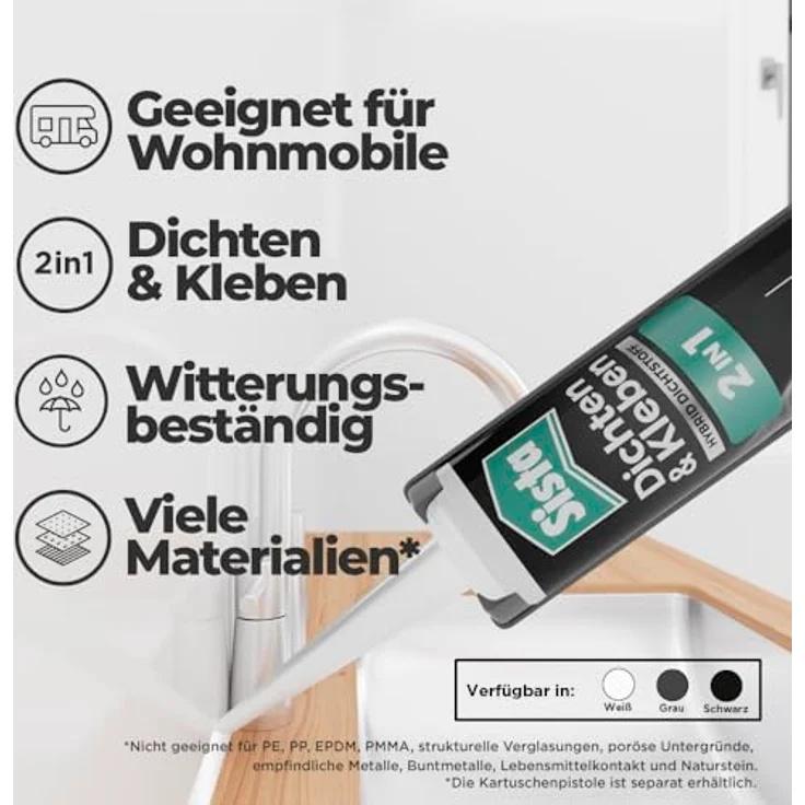 Sista Dichten & Kleben 2-in-1 Hybrid Dichtstoff, Weiß, schimmelresistent, UV- und witterungsbeständig, 1x280ml – Bild 3