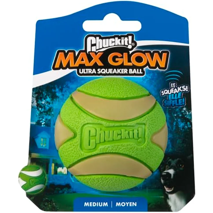 Chuckit! Max Glow Ultra Squeaker Ball, phosphoreszierender Quietschball für Hunde, leuchtet im Dunkeln, fördert die Bindung, mittel, Durchmesser 6,5 cm – Bild 3