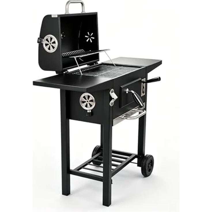 LQWELL Grillwagen, Holzkohlegrill BBQ Smoker Trolley mit Deckel, Edelstahlgriff, Thermometer und Rädern, Maße L109 x W54 x H94.5 cm, Schwarz – Bild 5