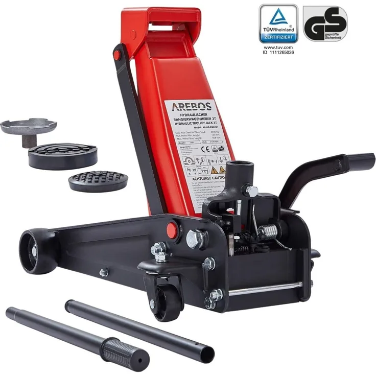 AREBOS 3T Hydraulischer Rangierwagenheber mit integriertem Fußpedal, Unterfahrhöhe 130-508 mm, inkl. 2 Gummi-Auflagen, 360° Rollen