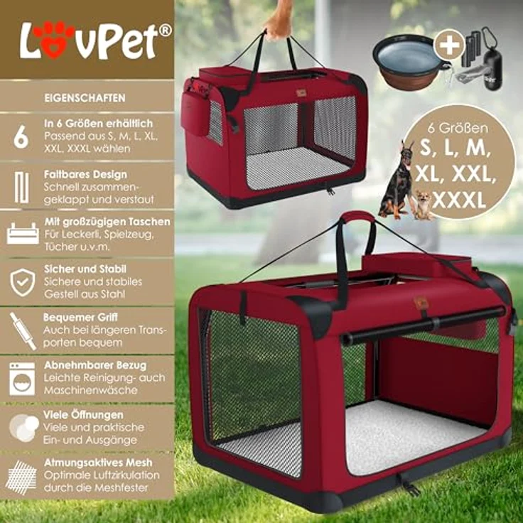 Lovpet® Transportbox Hund Katze Transporttasche L 70x52x52cm | Faltbares Stahlrohr, Waschmaschinenfest, Bordeaux/Rot – Bild 2