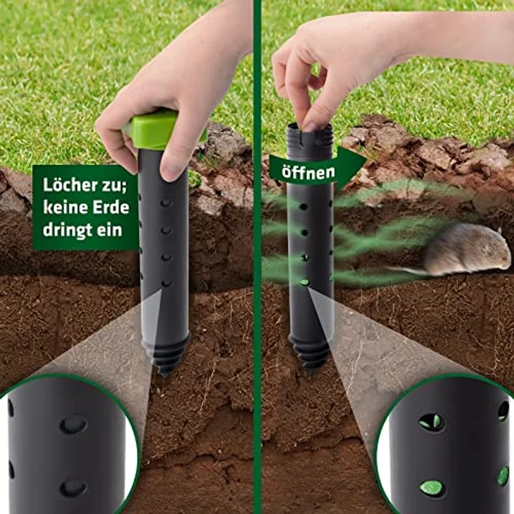 GARDIGO® Wühlmaus & Maulwurf Vertreiber mit Duft | Einzigartiges Konzept der Maulwurfabwehr | 15 Duftkugeln inklusive | Maulwurfschreck Wühlmausschreck | Mit Erdlochbohrhilfe | Tiervertreiber – Bild 2
