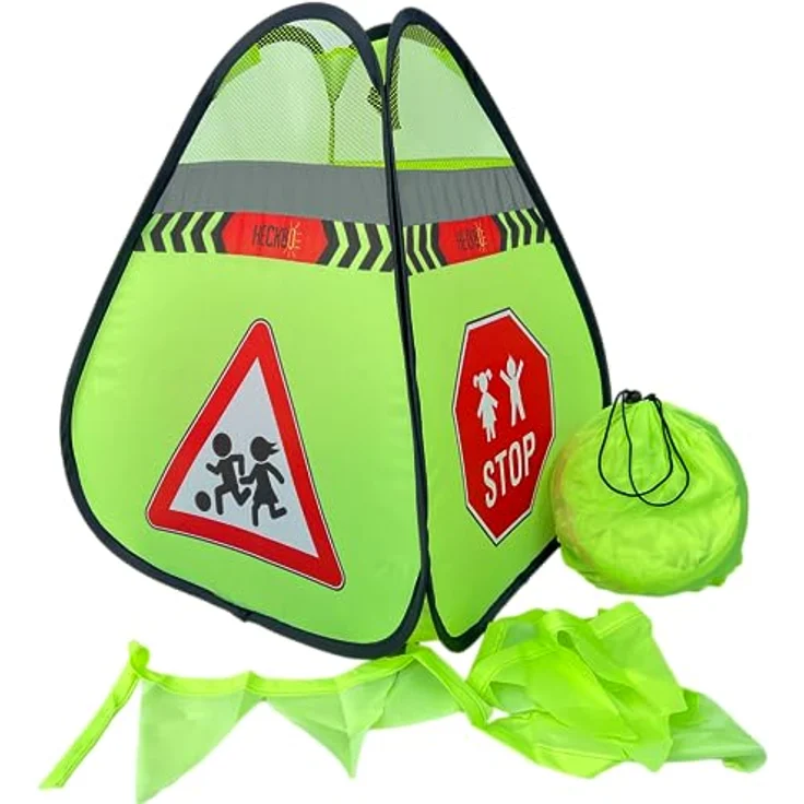 HECKBO 2x Straßenwarnschild Achtung Kinder Schild spielende Pylonen + Wimpelkette - Kinder Straßenpylone Kinder Sicherheit Safety Pop Up Set - Vorsicht Kinder Street Buddy Warnkegel – Bild 1