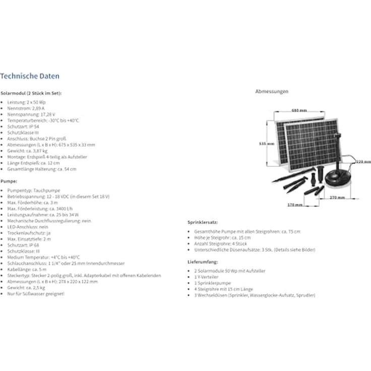 esotec Teichpumpe Wasserspiel Solar-Springbrunnen Kit 100/3400 PRO, Komplett-Set mit 2 Solarmodulen, max. Förderhöhe 3 m, 3400 l/h Förderleistung – Bild 8