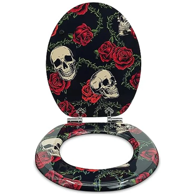 Sanfino WC Sitz Rose Skull, Toilettendeckel aus Holz mit Absenkautomatik, schwarzes Design mit Totenköpfen und Rosen – Bild 3