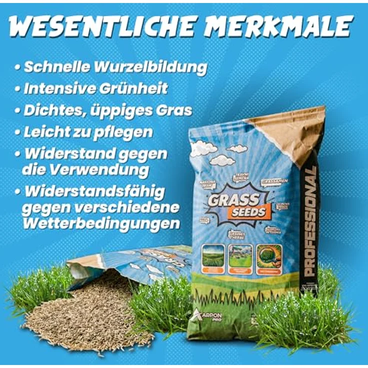 ARPON Premium Rasensamen, Schnellkeimend, robust & pflegeleicht, 5kg für 200m², dichtes, sattgrünes Gras für Nachsaat und Neuansaat im Frühjahr – Bild 2