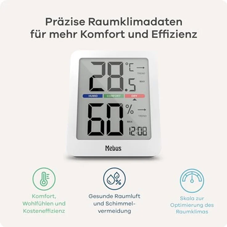 Mebus 40928 Thermo-Hygrometer, digitales Innen-Thermometer mit Uhrzeit, Min/Max-Funktion und Hintergrundbeleuchtung, weiß – Bild 2