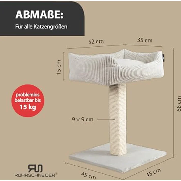 Rohrschneider Katzenbaum Wolly Made in Germany, breiter Kratzstamm mit Katzenbett Cordstoff in verschiedenen Farben – Bild 3