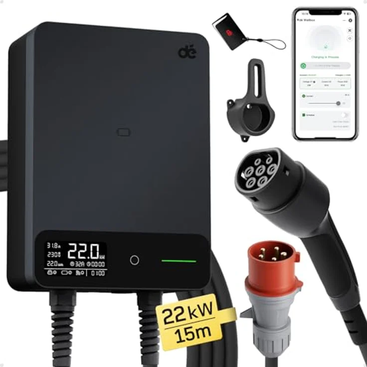 dé Wallbox 22kW, 3-Phasen EV-Ladegerät mit App, 15m Typ 2 Ladekabel, RCD Typ-B & IP54-Schutz, effiziente Ladestation für Zuhause, Schwarz – Bild 1