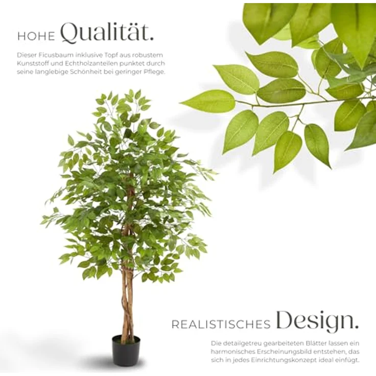 tectake® Ficus künstliche Zimmerpflanzen, Kunstblumen wie echt, Deko für Wohnzimmer, Küche, Badezimmer, Schlafzimmer - 160 cm, naturgetreues Blattwerk, pflegeleichte Fake Plant – Bild 3