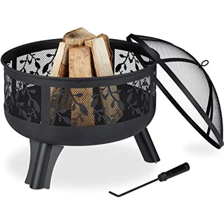 Relaxdays Feuerschale mit Funkenschutz, Garten & Terrasse, mit Schürhaken, Outdoor Feuerkorb, HxD: 60 x 60 cm, schwarz