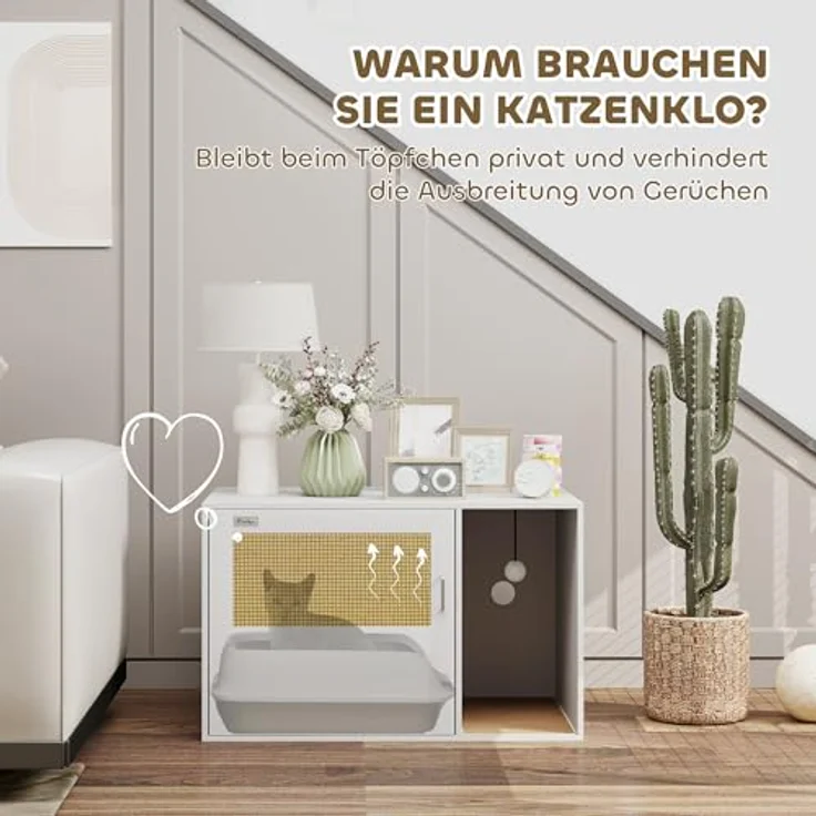 PawHut Katzenklo-Schrank Katzenschrank mit Loch, Katzentoilette mit Tür, Eingang, Kratzpad, 80 x 50 x 50 cm, Weiß, für Katzen bis 6 kg, Boho-Chic Design, Geruchskontrolle – Bild 4