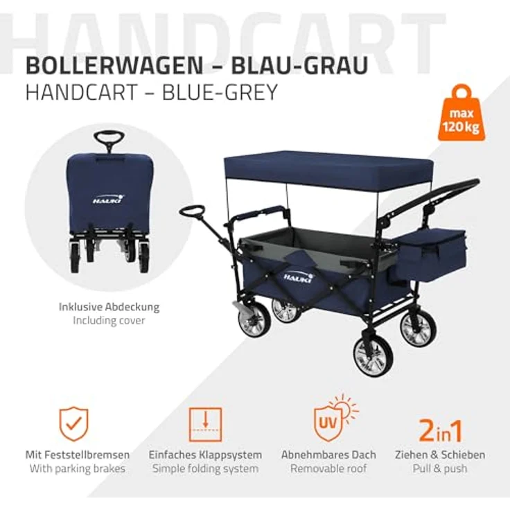 Hauki Bollerwagen XXL faltbar mit Dach, Blau-Grau, 360° drehbare Vorderräder, PU Räder mit Bremsen, Tragkraft 150 kg – Bild 2
